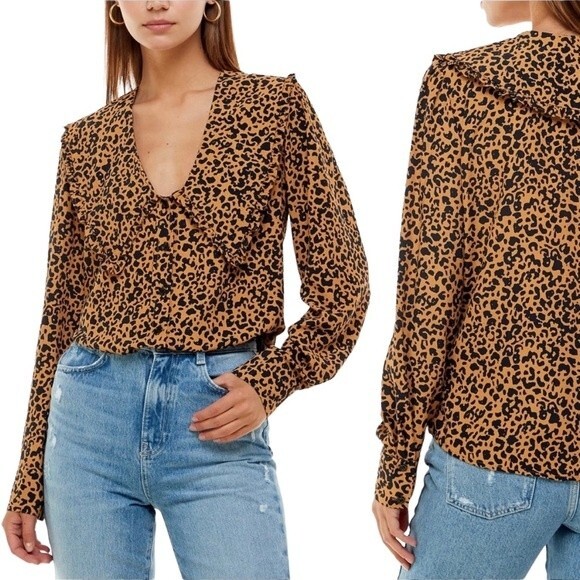 NWT WAYF Top Esther Collar Cheetah Print Blouse Ruffled Pointed Collar Size XS - Picture 12 of 12
